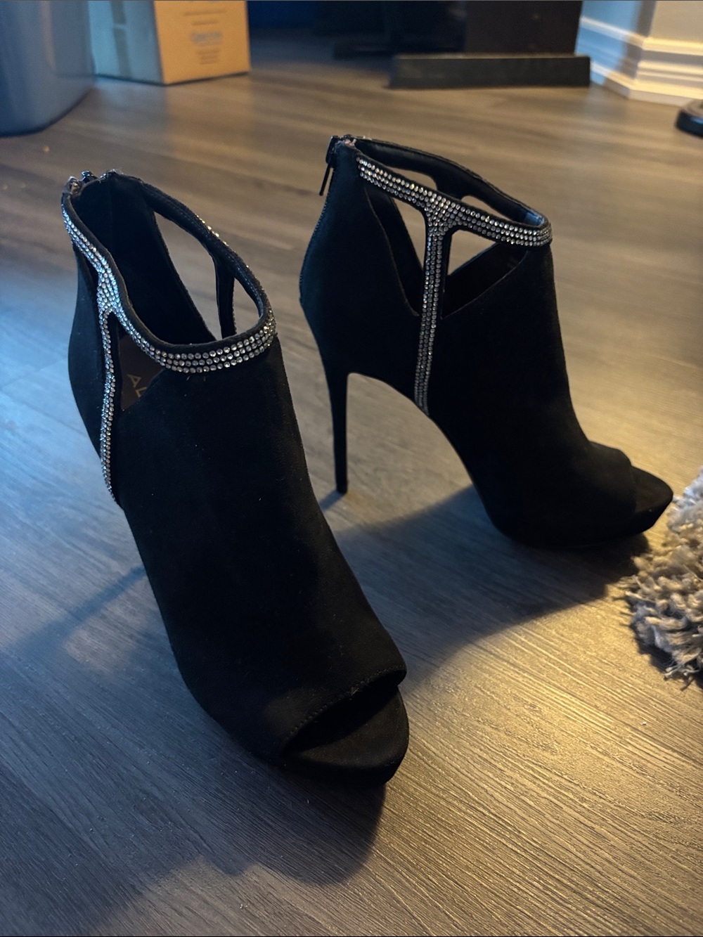 Black Rhinestone Trim Peep-Toe Stiletto Booties - Aldo